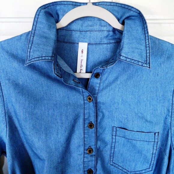 Vanilla Bay Chambray Denim 3/4 Sleeve Button Shirt Short Dress w/Scarf SZ LG EUC - Picture 5 of 11